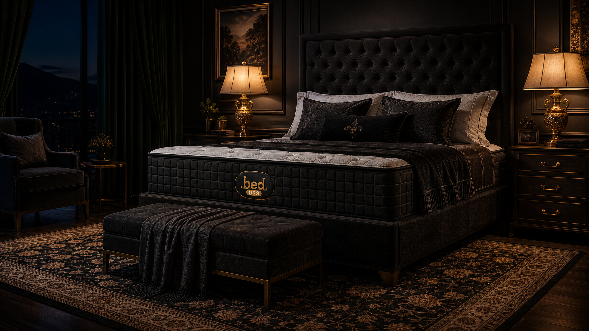 Luxury bedroom with a black tufted headboard, Bed DRS branded premium mattress and warm gold lamp lighting